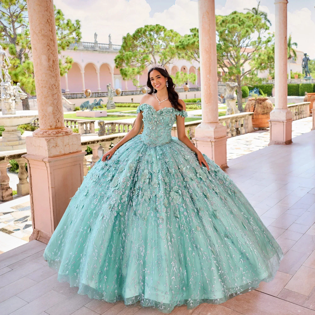 Emerald Green Hand Beaded Flower Ball Gown Quinceanera Dress Off Shoulder Sweetheart Gown Y293 by simplepromdress