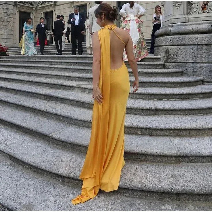 Yellow Satin Backless Off-Shoulder Long Prom Dress Evening Dress Y8466 by simplepromdress