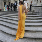 Yellow Satin Backless Off-Shoulder Long Prom Dress Evening Dress Y8466 by simplepromdress