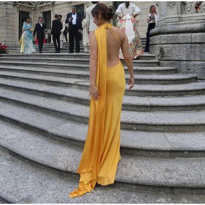 Yellow Satin Backless Off-Shoulder Long Prom Dress Evening Dress Y8466 by simplepromdress