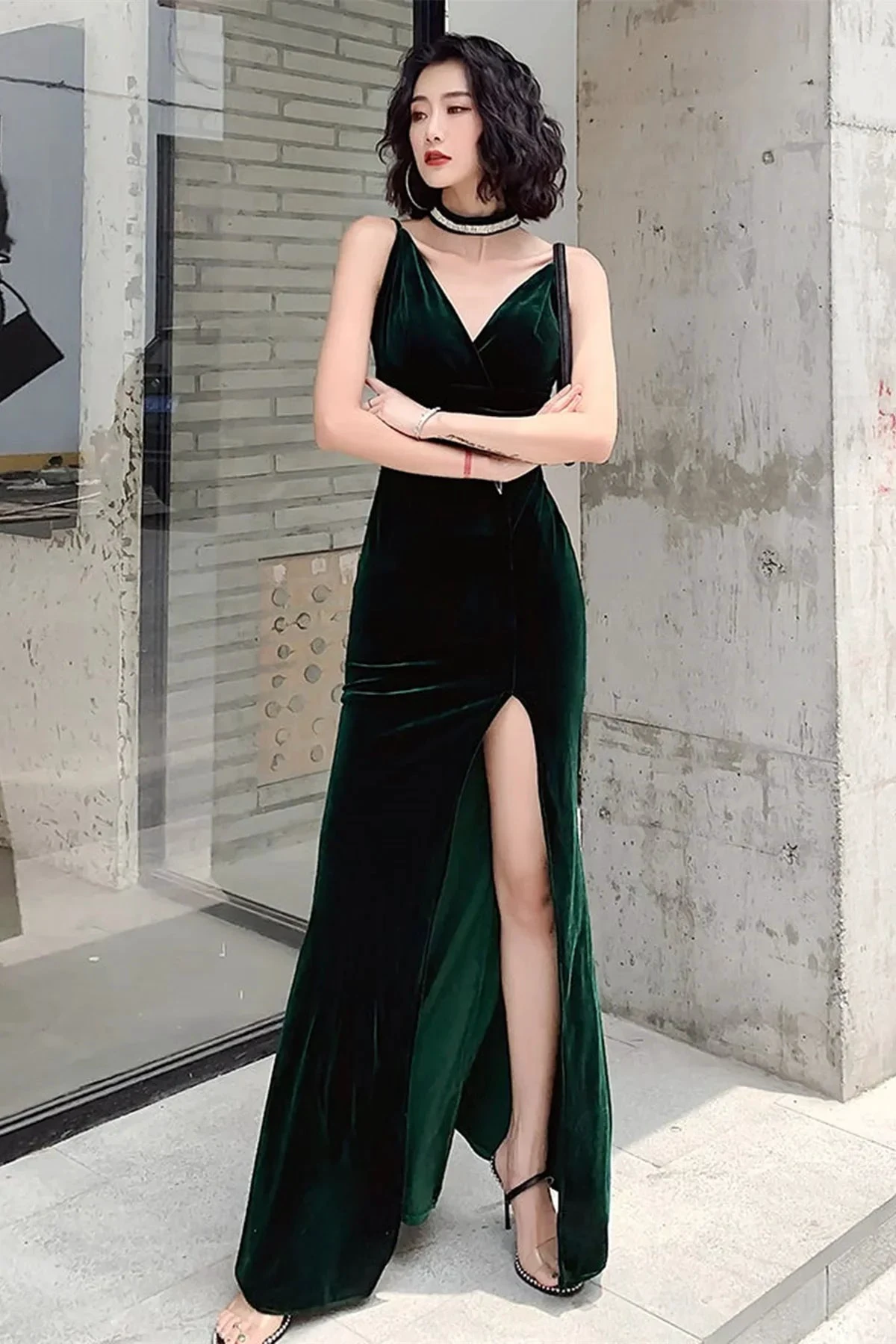 Simple V Neck Dark Green Velvet Long Prom Dresses, Dark Green Velvet Formal Graduation Evening Dresses Y2926 by simplepromdress