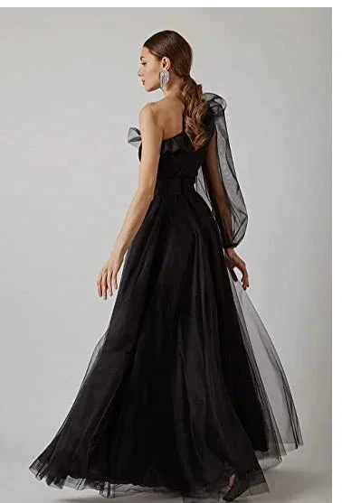 Burgundy tulle prom dress one shoulder evening dress S17925 by simplepromdress