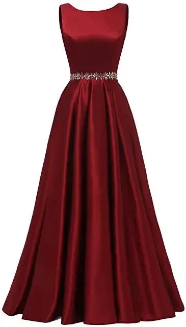 Women Long Prom Dress Satin A-Line with Beaded Belt Formal Evening Gown Y5483 by simplepromdress