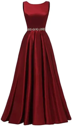 Women Long Prom Dress Satin A-Line with Beaded Belt Formal Evening Gown Y5483 by simplepromdress