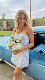 Strapless Blue Floral Mini Homecoming Dress Summer Dress Y2646 by simplepromdress