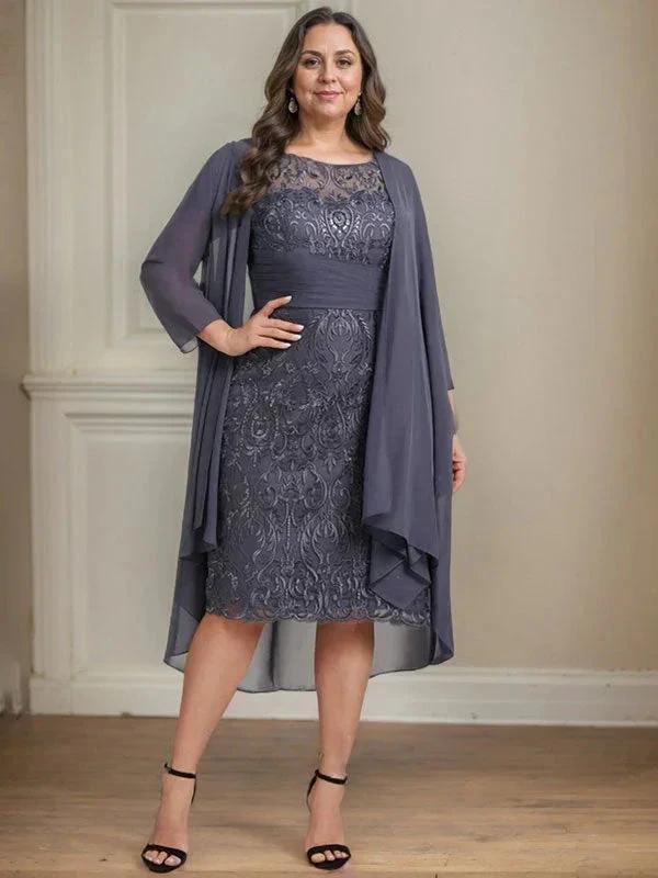 Sheath/Column Scoop Illusion Knee-Length Lace Chiffon Mother of the Bride Dress With Cascading Ruffles Sequins by Dreamylily
