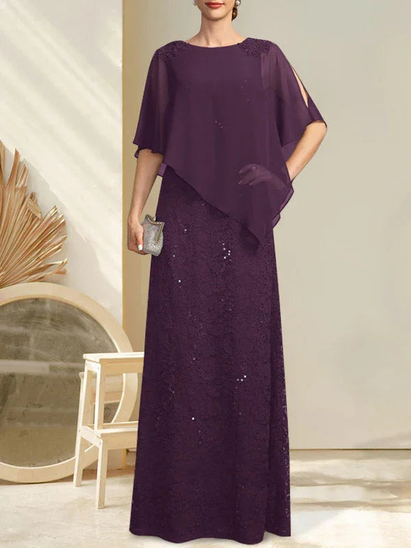 Sheath/Column Scoop Floor-Length Chiffon Lace Mother of the Bride Dress With Sequins Beading by Dreamylily