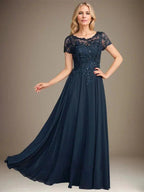 A-Line Scoop Floor-Length Chiffon Mother of the Bride Dress With Applique & Sequins by Dreamylily