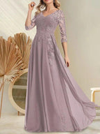 A-line V-Neck Floor-Length Lace Chiffon Mother of the Bride Dress With Sequins by Dreamylily