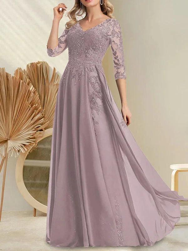 A-line V-Neck Floor-Length Lace Chiffon Mother of the Bride Dress With Sequins by Dreamylily