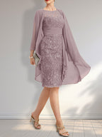 Sheath Scoop Illusion Knee-Length Lace Chiffon Mother of the Bride Dress With Cascading Ruffles Sequins