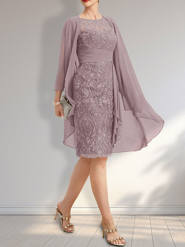 Sheath Scoop Illusion Knee-Length Lace Chiffon Mother of the Bride Dress With Cascading Ruffles Sequins