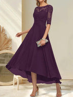 A-line Boat Neck Illusion Asymmetrical Chiffon Lace Mother of the Bride Dress With Sequins Beading by Dreamylily
