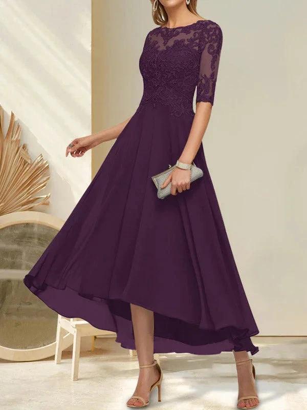 A-line Boat Neck Illusion Asymmetrical Chiffon Lace Mother of the Bride Dress With Sequins Beading by Dreamylily