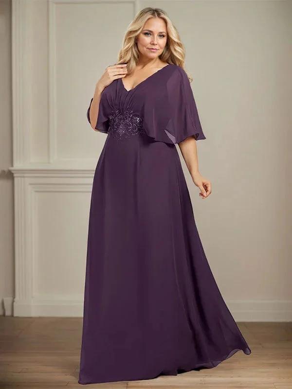 A-line V-Neck Floor-Length Chiffon Mother of the Bride Dress With Pleated Sequins Appliques Lace by Dreamylily