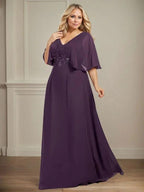A-line V-Neck Floor-Length Chiffon Mother of the Bride Dress With Pleated Sequins Appliques Lace by Dreamylily