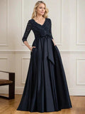 A-line V-Neck Floor-Length Satin Lace Mother of the Bride Dress With Sequins Bow by Dreamylily