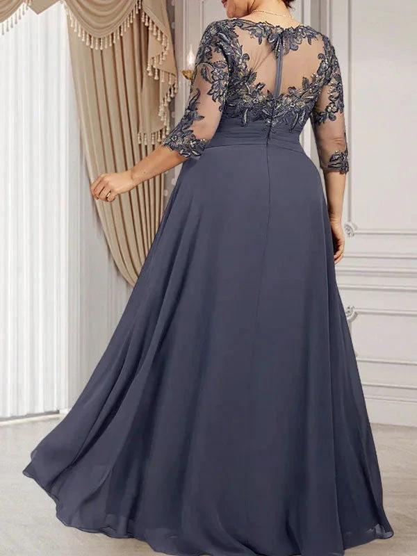 A-line Scoop Illusion Floor-Length Lace Chiffon Mother of the Bride Dress With Cascading Ruffles by Dreamylily