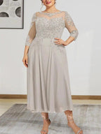 A-line Scoop Illusion Tea-Length Chiffon Lace Mother of the Bride Dress With Beading Sequins by Dreamylily
