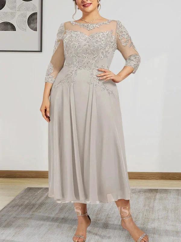 A-line Scoop Illusion Tea-Length Chiffon Lace Mother of the Bride Dress With Beading Sequins by Dreamylily