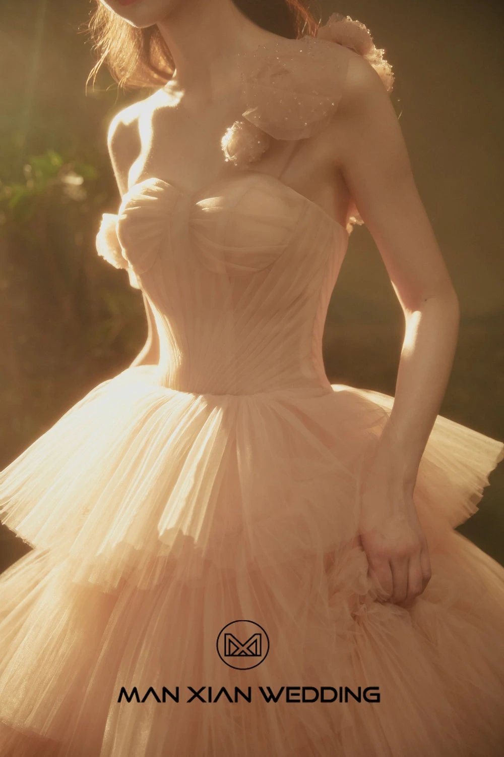 Ethereal Blush Strapless Tulle Ball Gown with 3D Floral Accents & Tiered Ruffles by ZAPDRESS