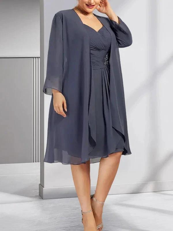 Sheath/Column Sweetheart Knee-Length Chiffon Mother of the Bride Dress With Beading Appliques Lace Sequins Pleated by Dreamylily