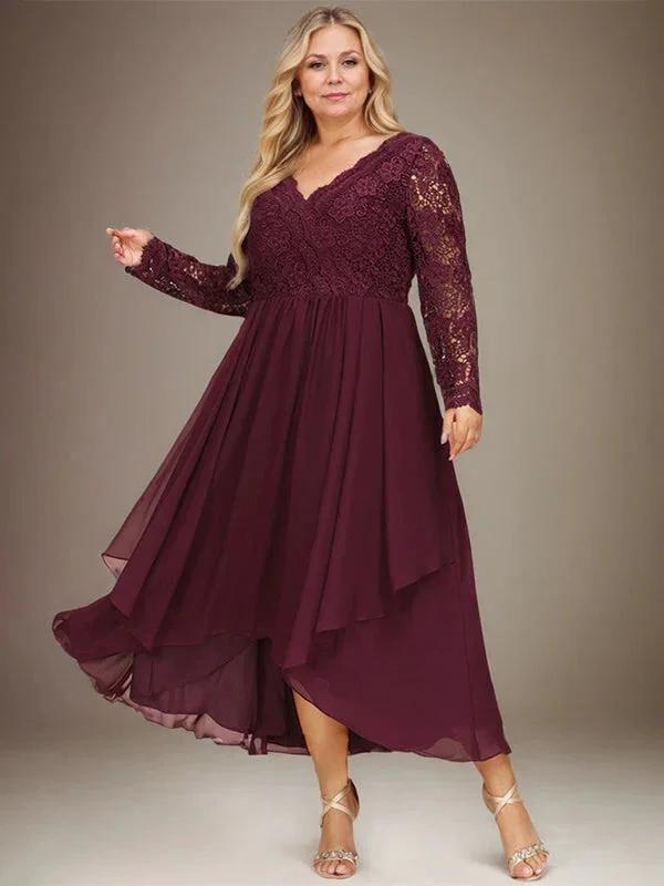 A-line V-Neck Asymmetrical Lace Chiffon Mother of the Bride Dress by Dreamylily