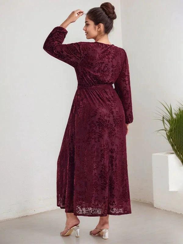 A-Line V-Neck Long Sleeves Velvet Tea-Length Mother of the Bride Dress With Split by Dreamylily