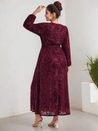 A-Line V-Neck Long Sleeves Velvet Tea-Length Mother of the Bride Dress With Split by Dreamylily