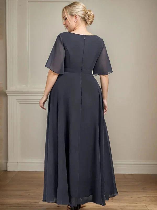 A-line V-Neck Ankle-Length Chiffon Mother of the Bride Dress With Pleated Beading Sequins by Dreamylily