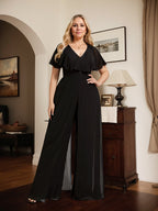 Jumpsuit/Pantsuit V-Neck Floor-Length Chiffon Evening Dress