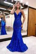 V Neck Spaghetti Straps Backless Royal Blue Sequin Long Prom Dress by BIZTUNNEL