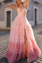 Linae | A Line V Neck Lilac Tulle Prom Dresses with Slit by KissProm