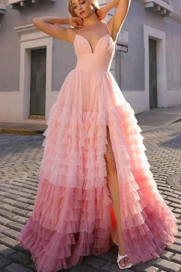 Linae | A Line V Neck Lilac Tulle Prom Dresses with Slit by KissProm