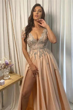 Split Front A-line Off-the-Shoulder Lace V-Neck Applique Prom Dress by BIZTUNNEL