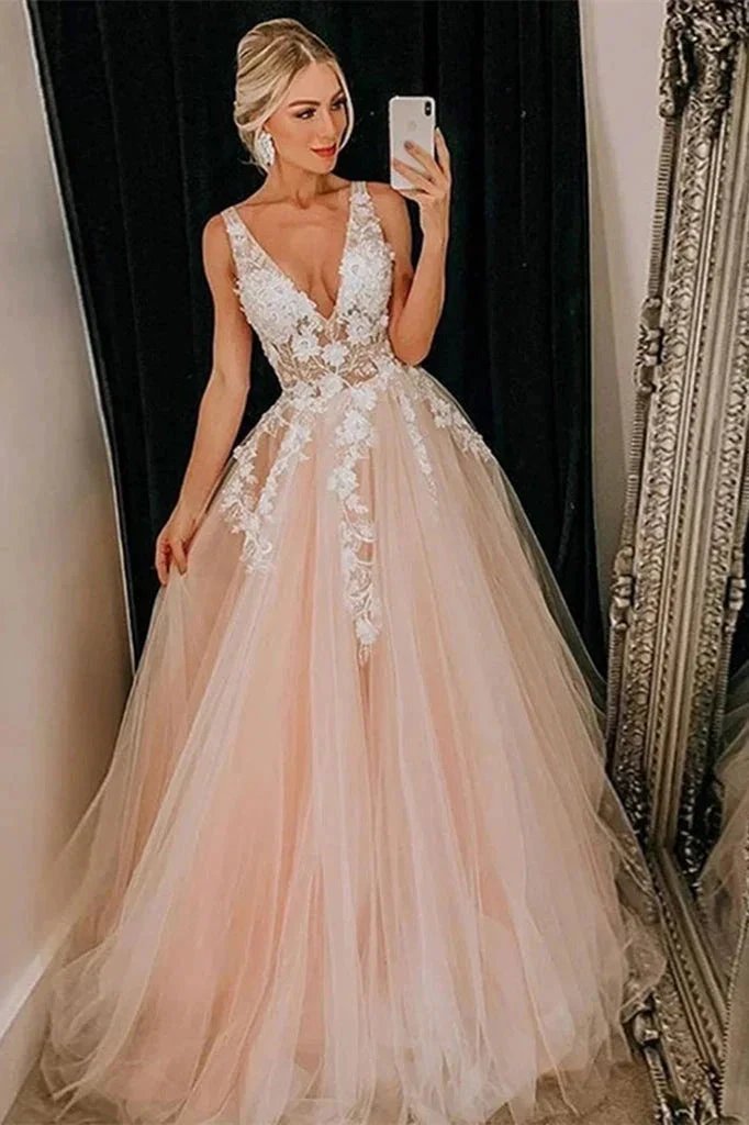A-line Off-the-shoulder V-Neck Tulle Evening Gown by BIZTUNNEL
