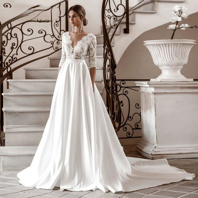 Half Sleeve Satin A-line Wedding Dress Elegant V Neck Bridal Gowns Elegant Bohemian Princess Dress Custome Vestido Main Image