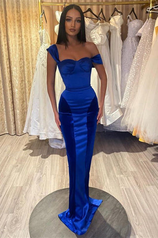 Schlichtes, schulterfreies, langes Meerjungfrauen-Ballkleid im Regal-Saphir
