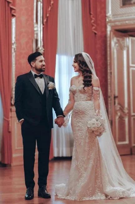 Exquisite Long Mermaid Off-the-shoulder Lace Wedding Dress with Long Sleeves by misshow.com