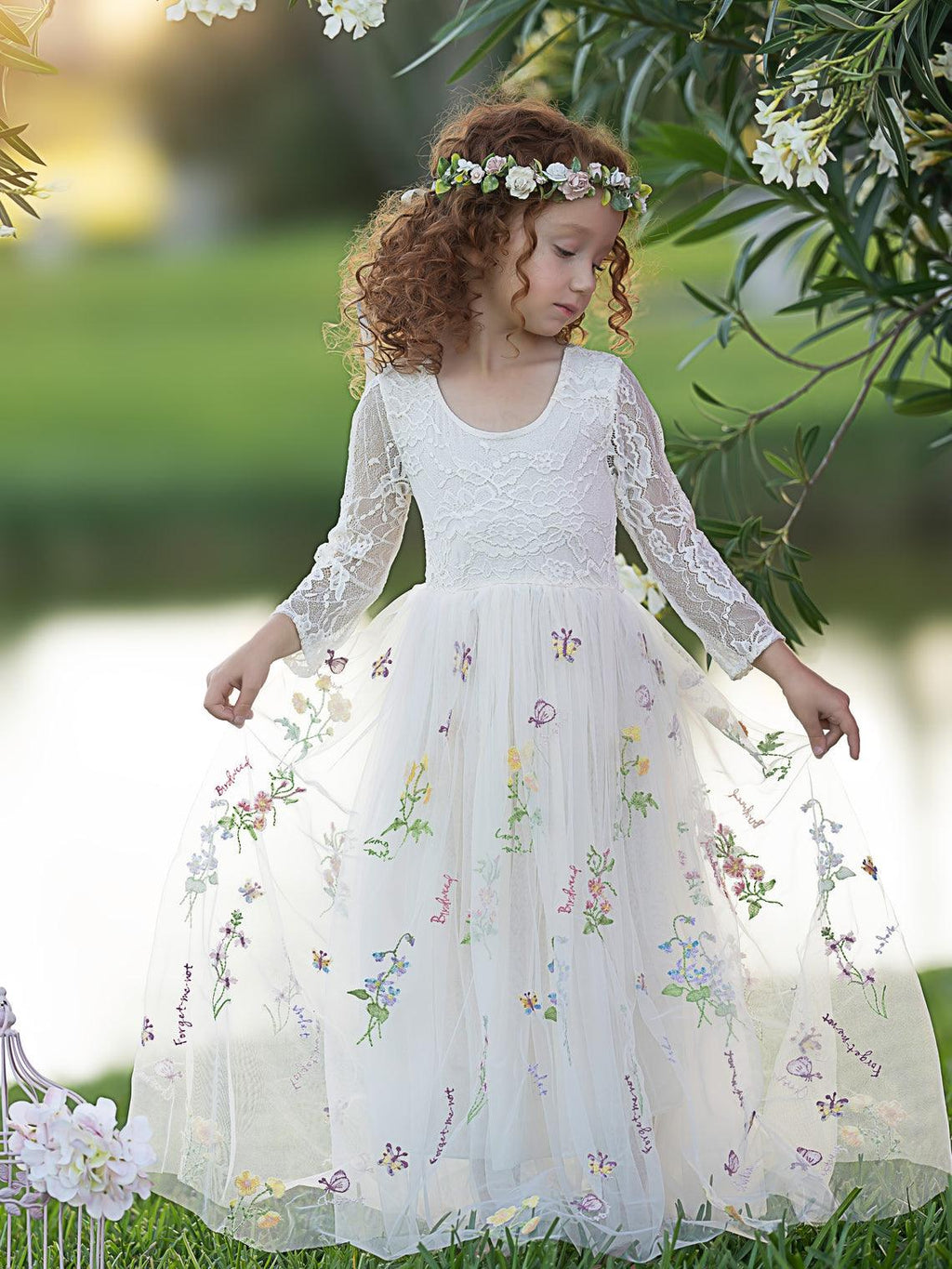 Floral Lace Embroidered Tulle A-Line Full-Length Garden Flower Girl Dress - photo 5
