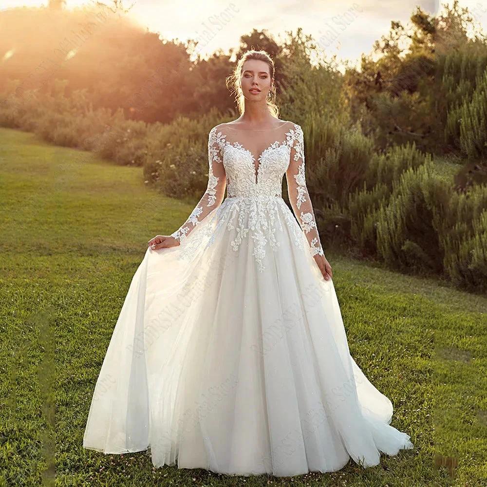 Pastrol Wedding Dresses For Woman Long Sleeves Illusion Back Scoop Bride Gowns Applique A-Line Tulle vestidos de novia by payinti