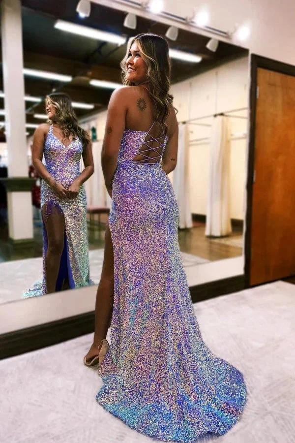 Sexy Sleeveless Slit Front Spaghetti Straps Prom Dress by BIZTUNNEL