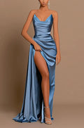 Simple Blue Satin Draped Mermaid Long Prom Dress with Slit by BIZTUNNEL