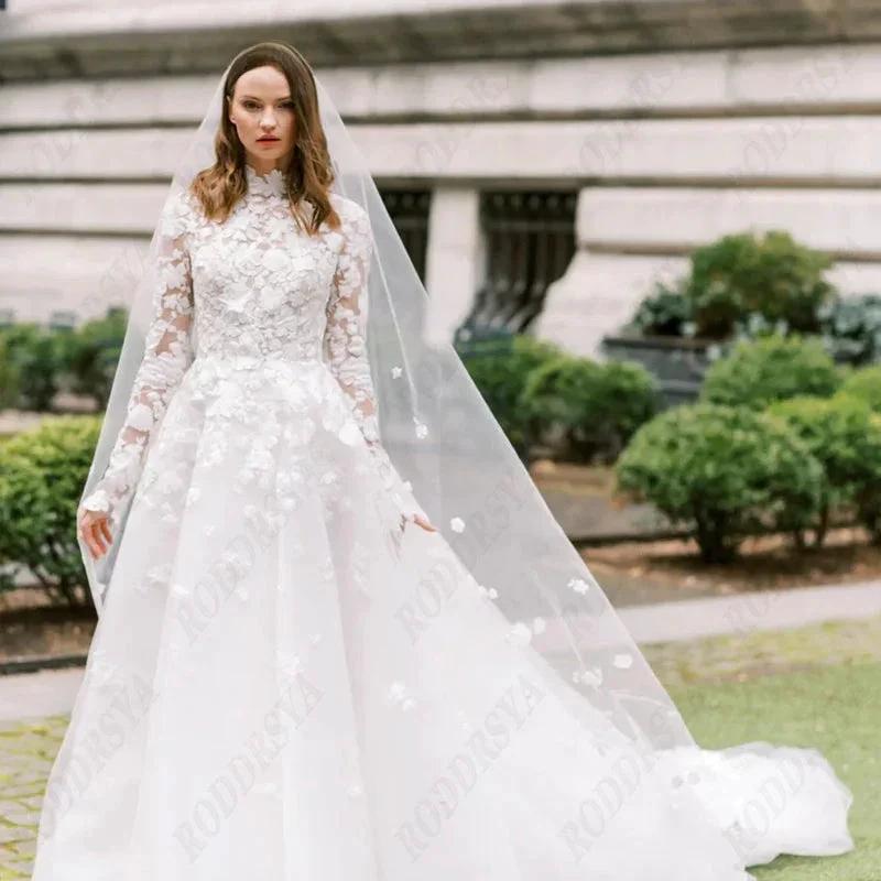 Princess Long Sleeve Wedding Dress For Women Romantic Lace High Neck Bride Party Gorgeous Applique Boho Bridal Gown by payinti
