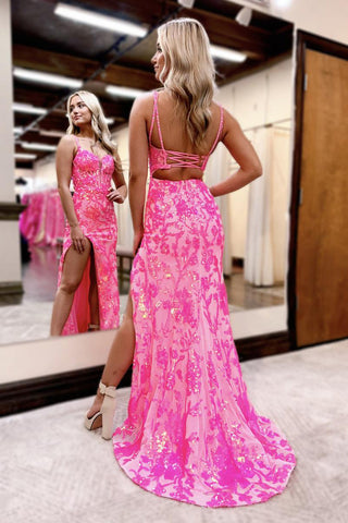Vestidos de fiesta de sirena con encaje, lentejuelas y escote en forma de corazón en color rosa con abertura