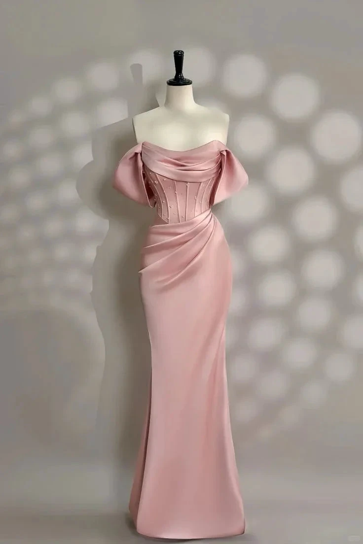 Pretty Pink Mermaid Evening Dress Pearl Beading Off Shoulder Prom Dress Y7604 by simplepromdress