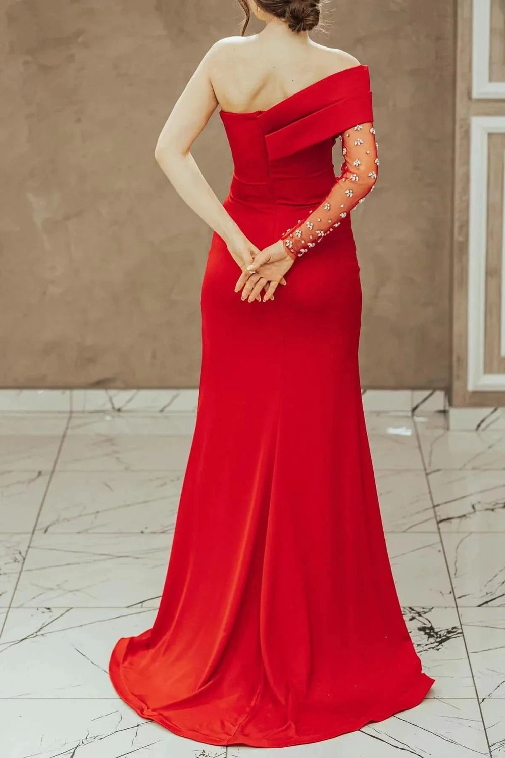 Red One-Shoulder Mermaid Prom Dress with Split and Sequins by BIZTUNNEL