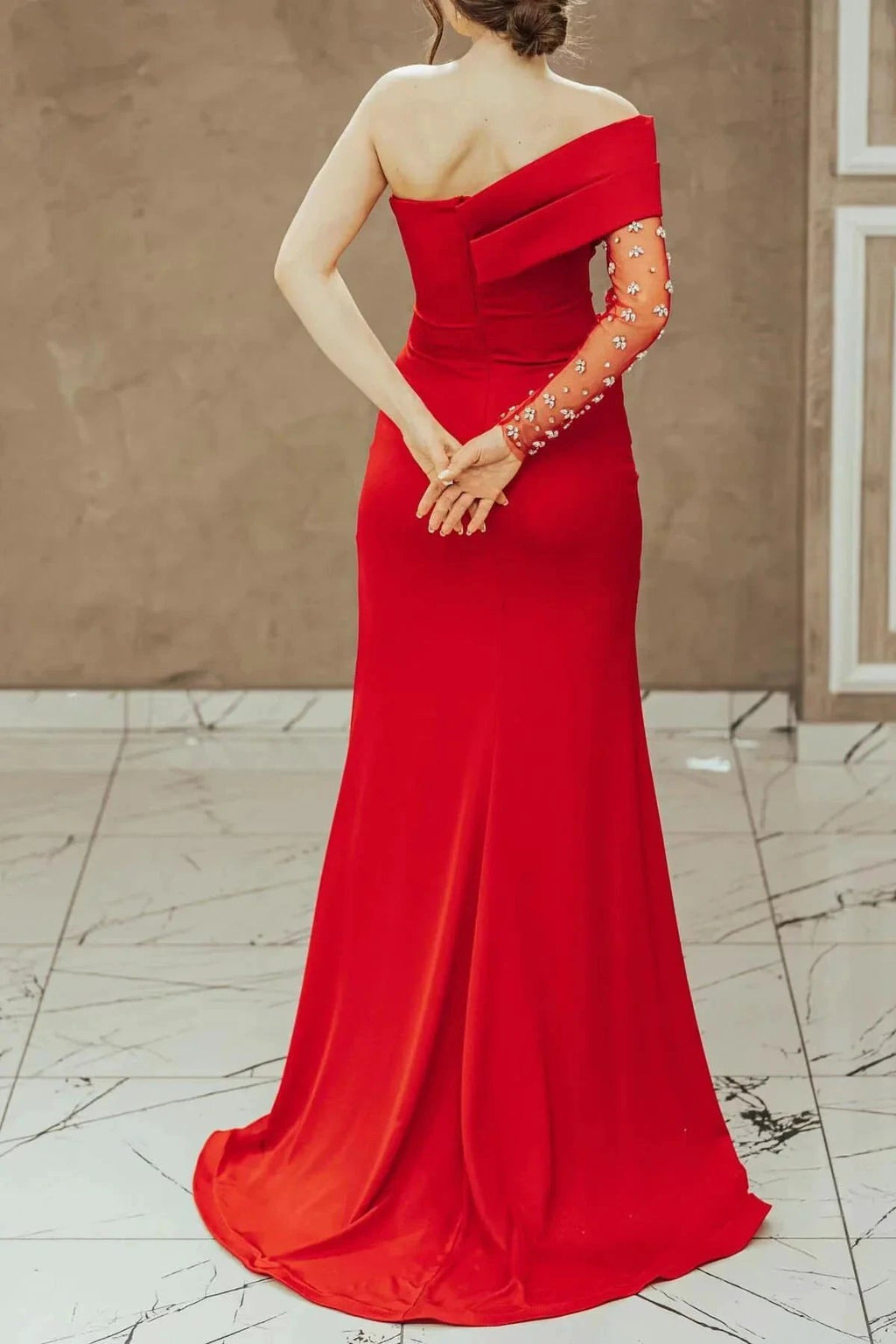 Red One-Shoulder Mermaid Prom Dress with Split and Sequins by BIZTUNNEL