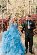 Blue Off the Shoulder Ruffle Tiered Tulle Long Prom Dresses with Appliques by Kissprom