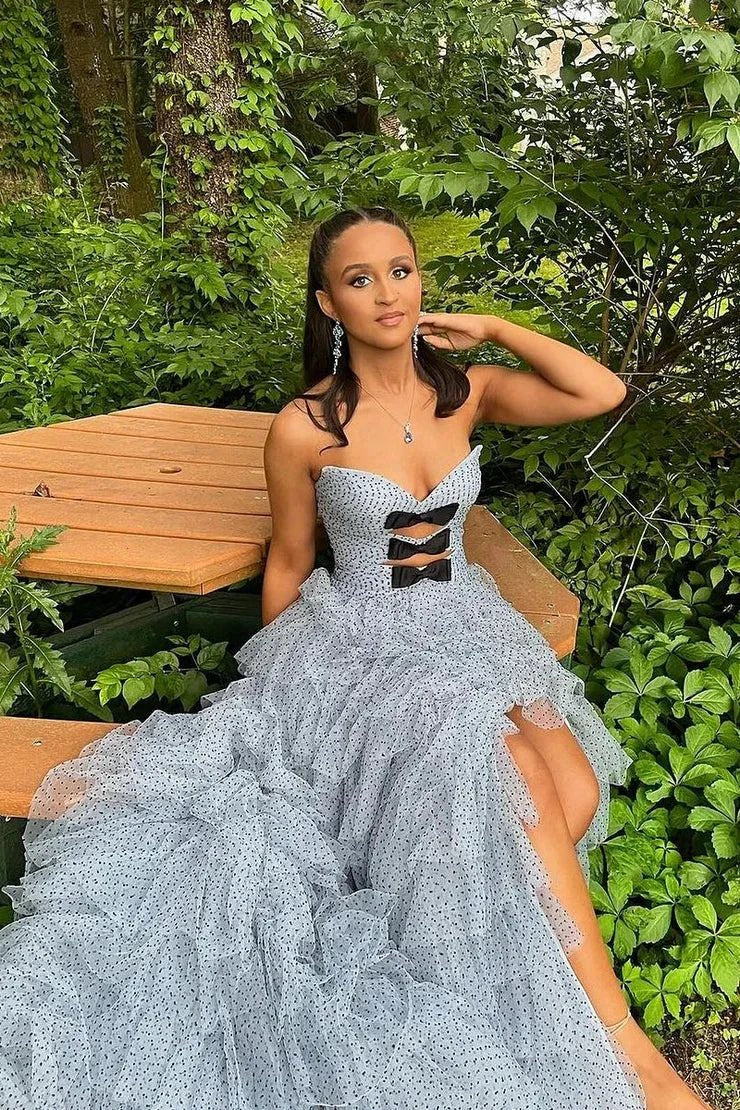 Polka Dot Strapless Ruffle Tiered Prom Gown with Keyholes by KissProm